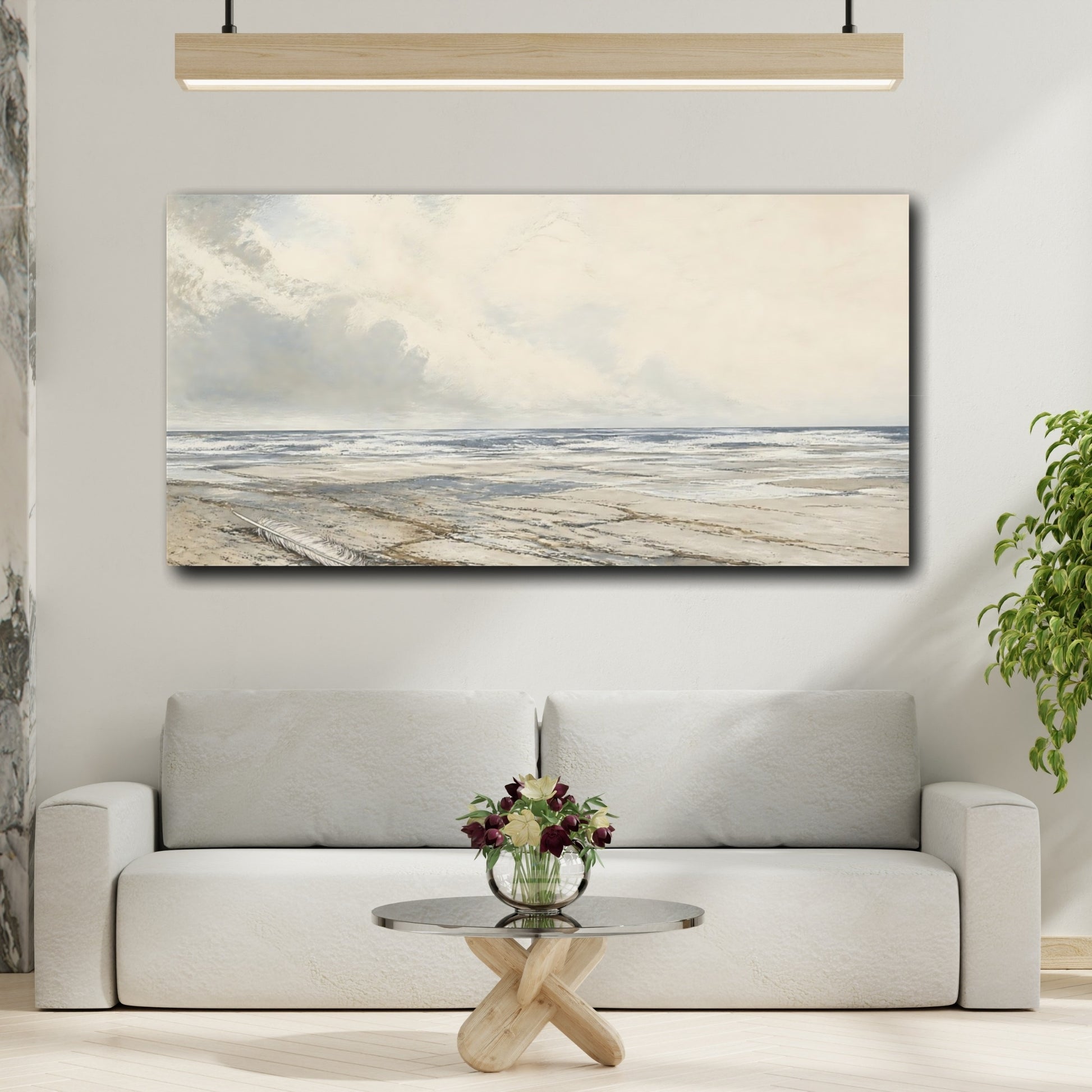 Mockup 2. Feather On Pale Shore shown as canvas print