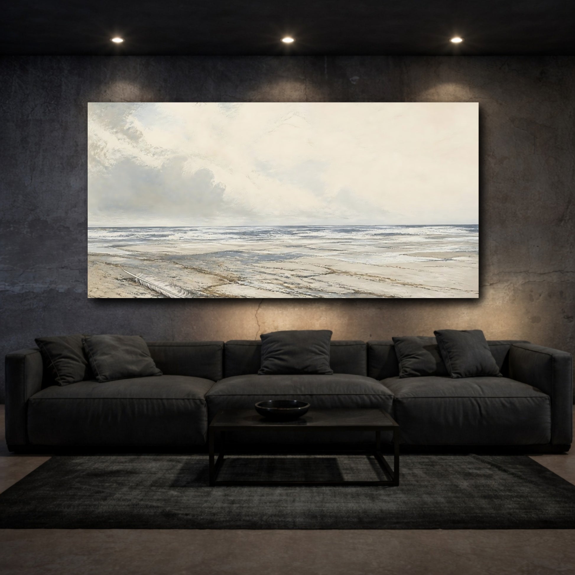 Mockup 3. Feather On Pale Shore shown as canvas print