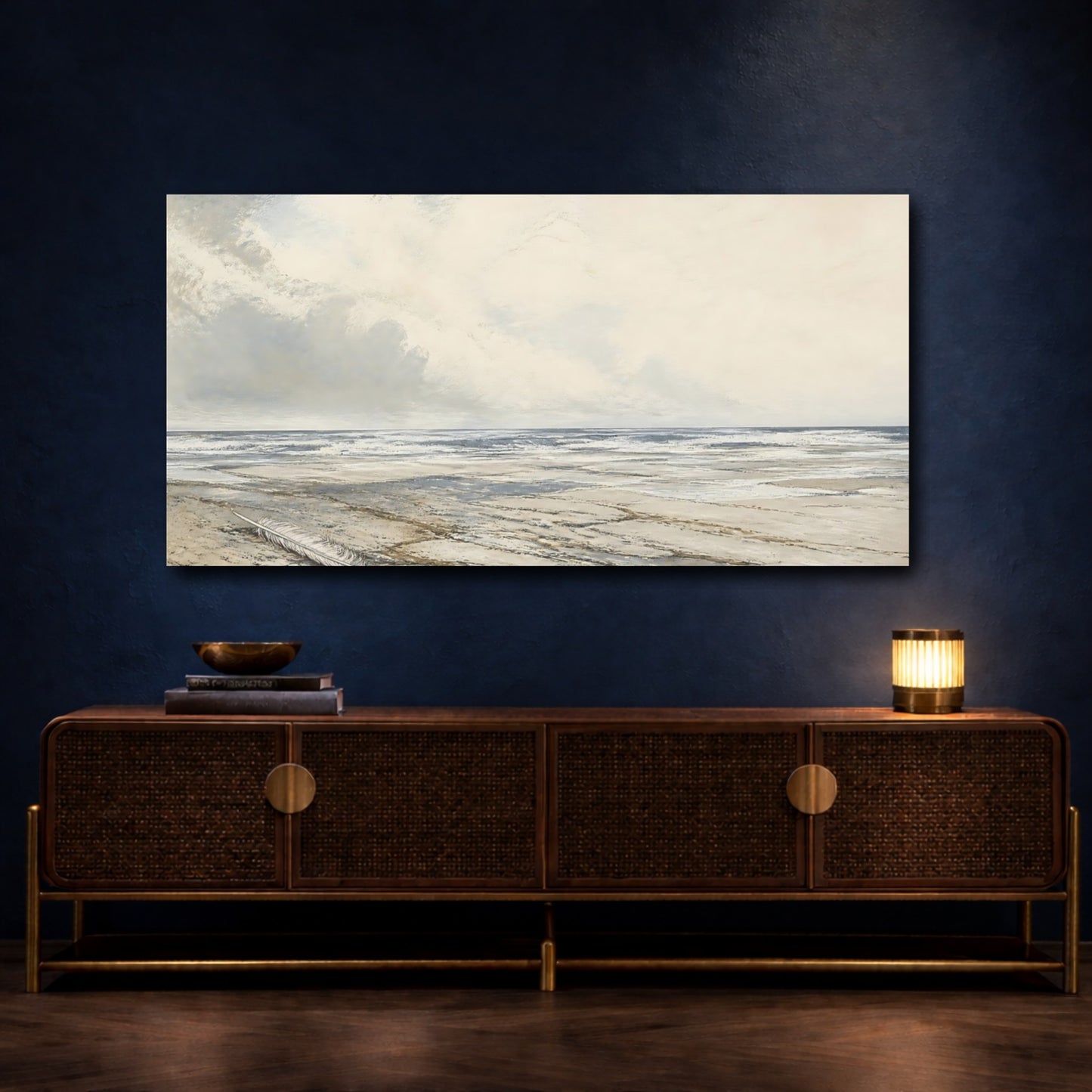 Mockup 4. Feather On Pale Shore shown as canvas print