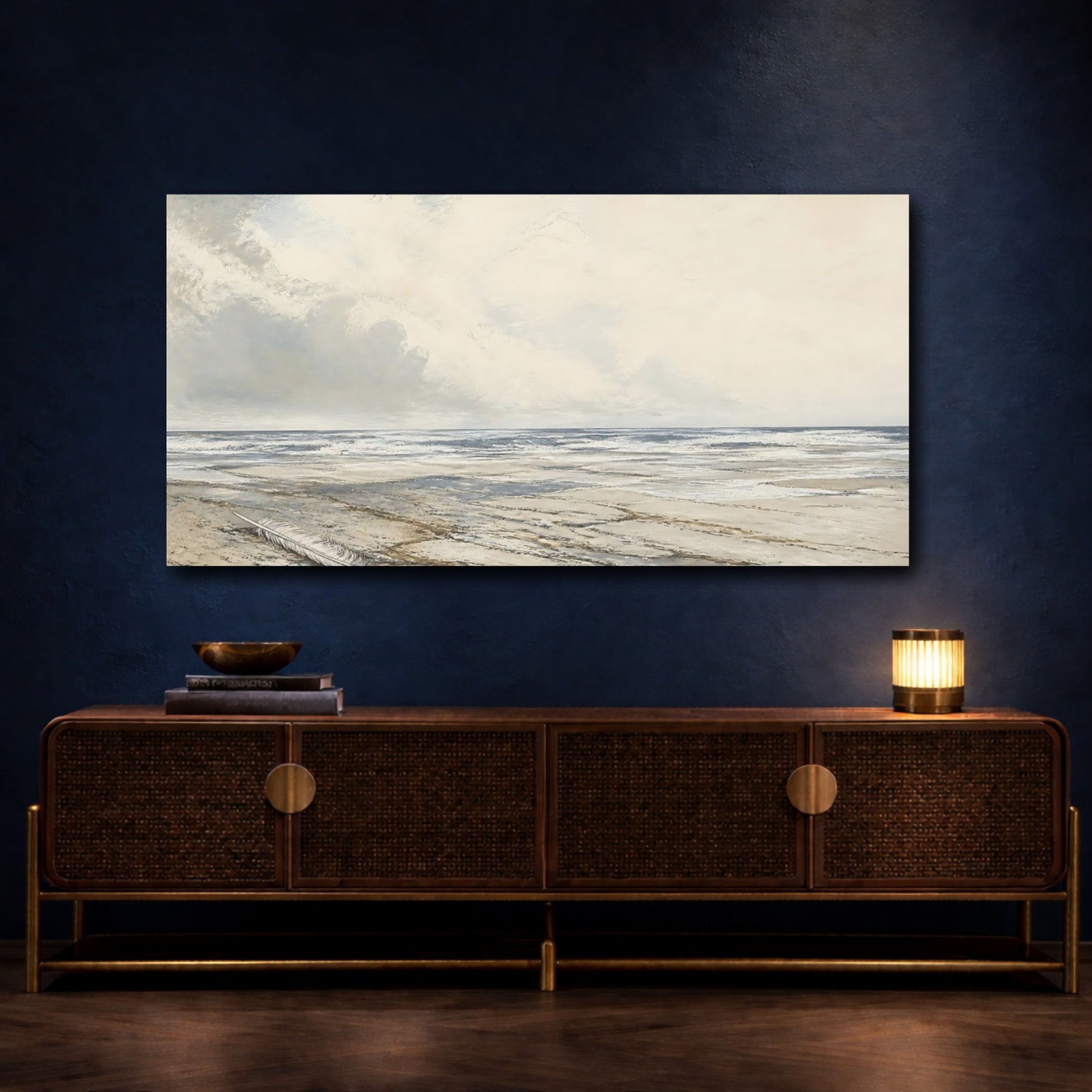 Mockup 4. Feather On Pale Shore shown as canvas print