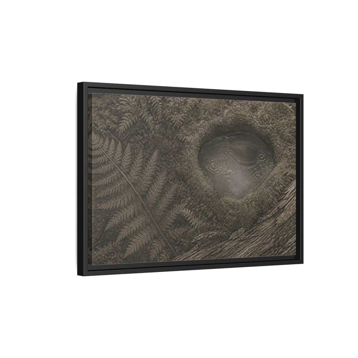Side Mockup 3. Fern And Moss Hollow shown as framed canvas print
