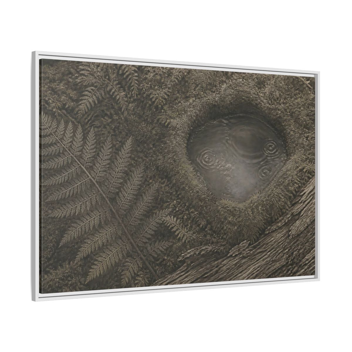 Side Mockup 7. Fern And Moss Hollow shown as framed canvas print