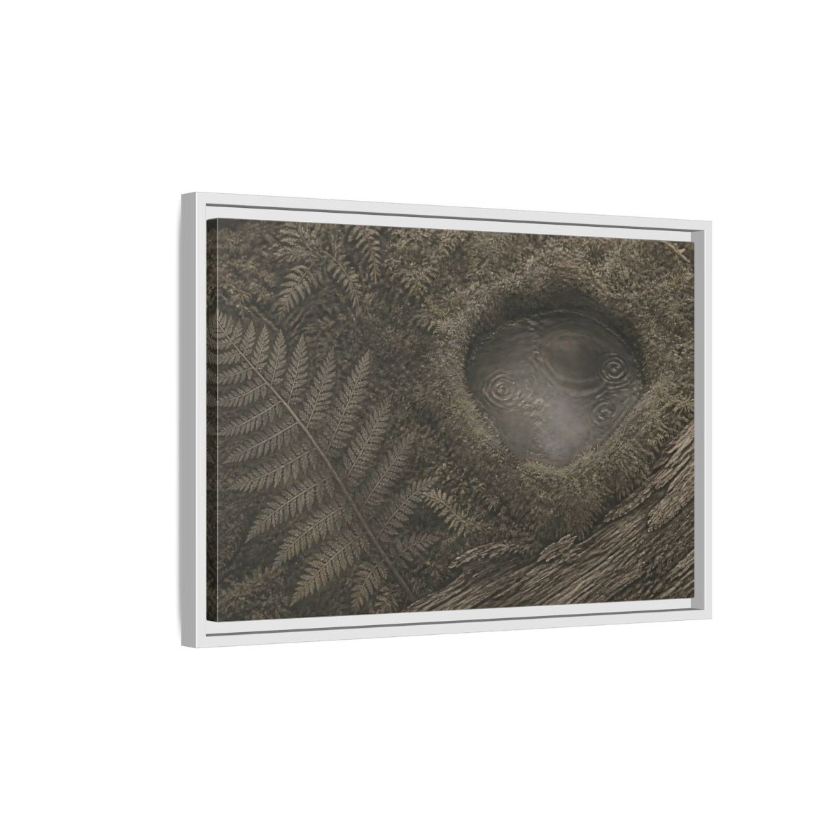 Side Mockup 1. Fern And Moss Hollow shown as framed canvas print