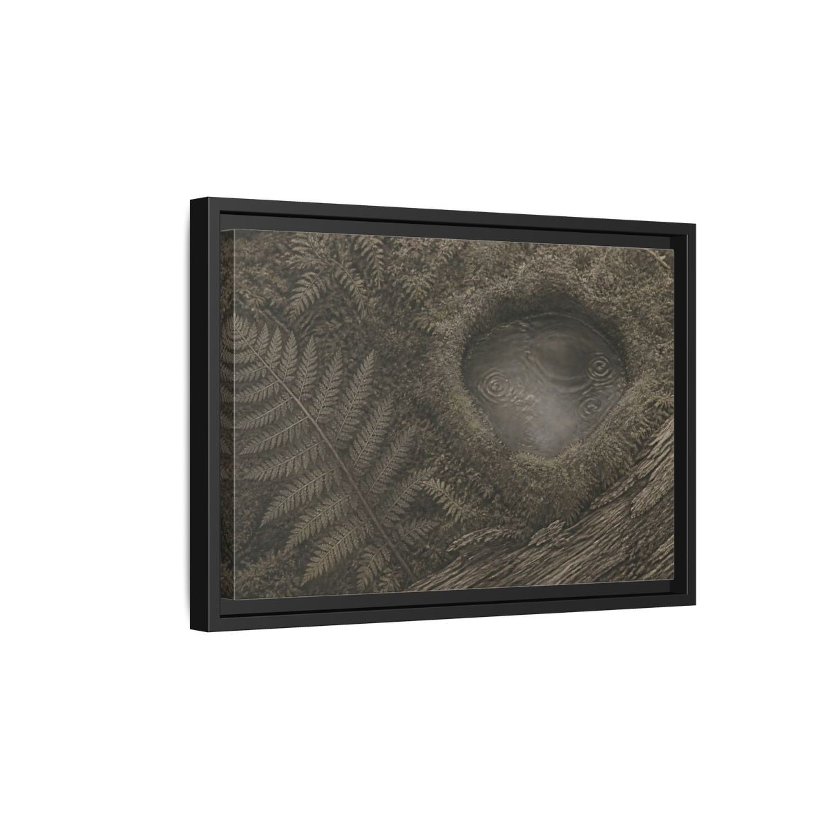 Side Mockup 6. Fern And Moss Hollow shown as framed canvas print