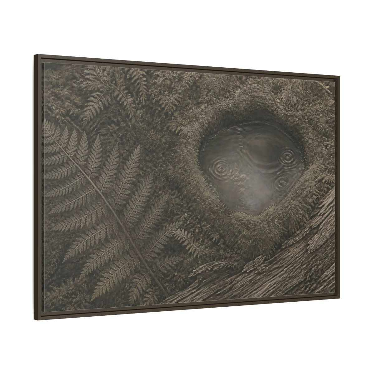 Side Mockup 8. Fern And Moss Hollow shown as framed canvas print