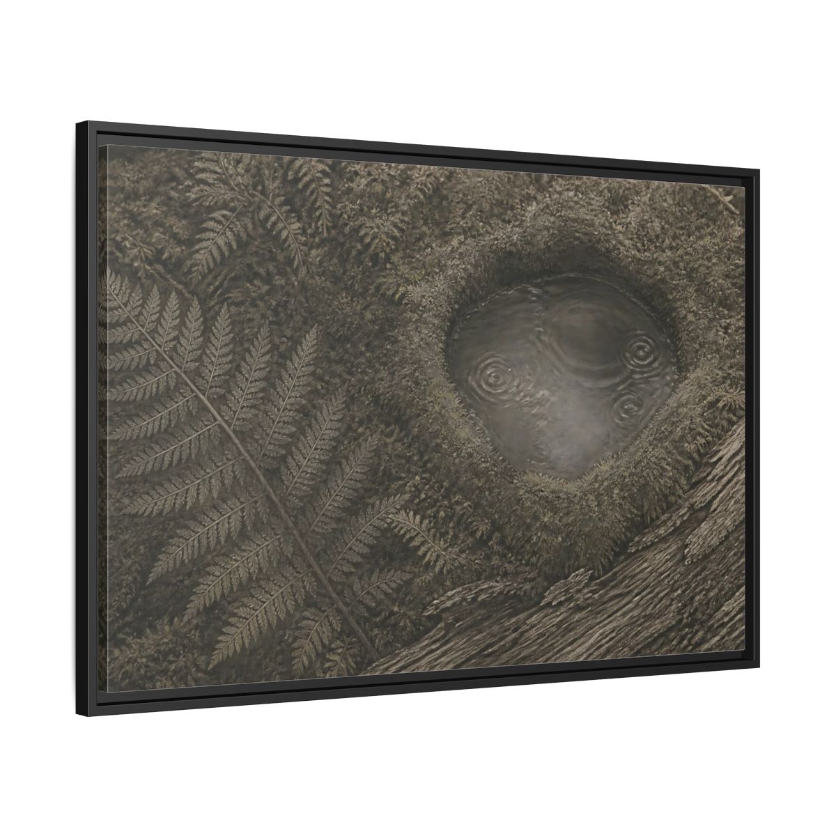 Side Mockup 13. Fern And Moss Hollow shown as framed canvas print