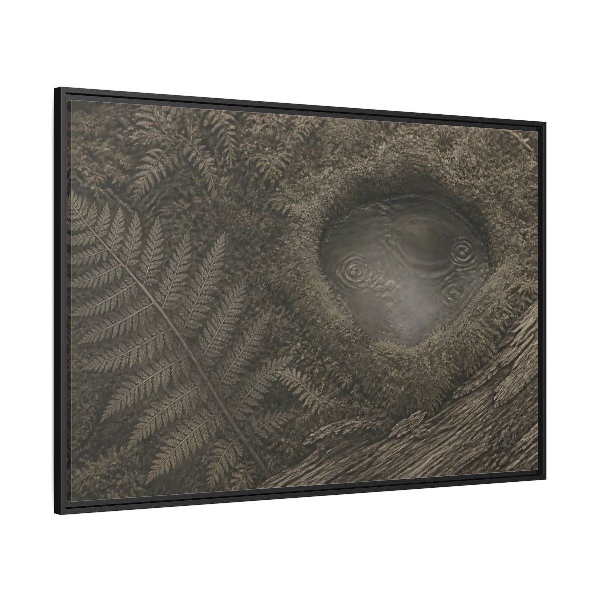 Side Mockup 12. Fern And Moss Hollow shown as framed canvas print