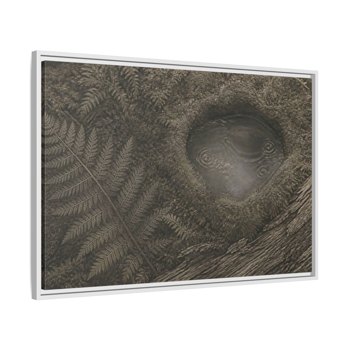 Side Mockup 9. Fern And Moss Hollow shown as framed canvas print