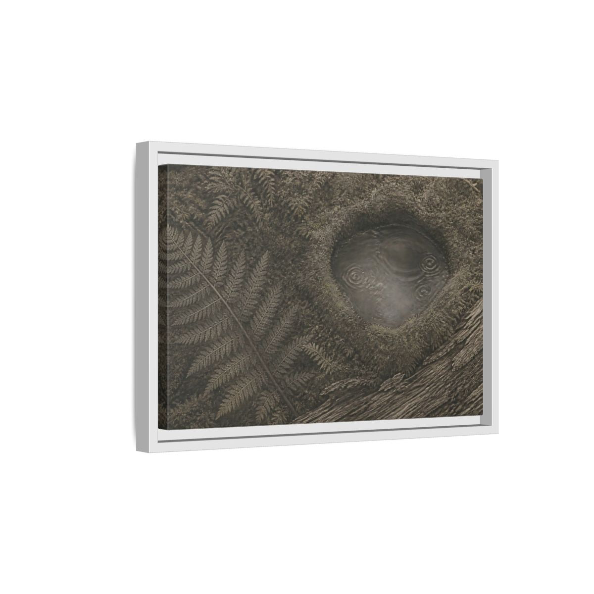 Side Mockup 4. Fern And Moss Hollow shown as framed canvas print