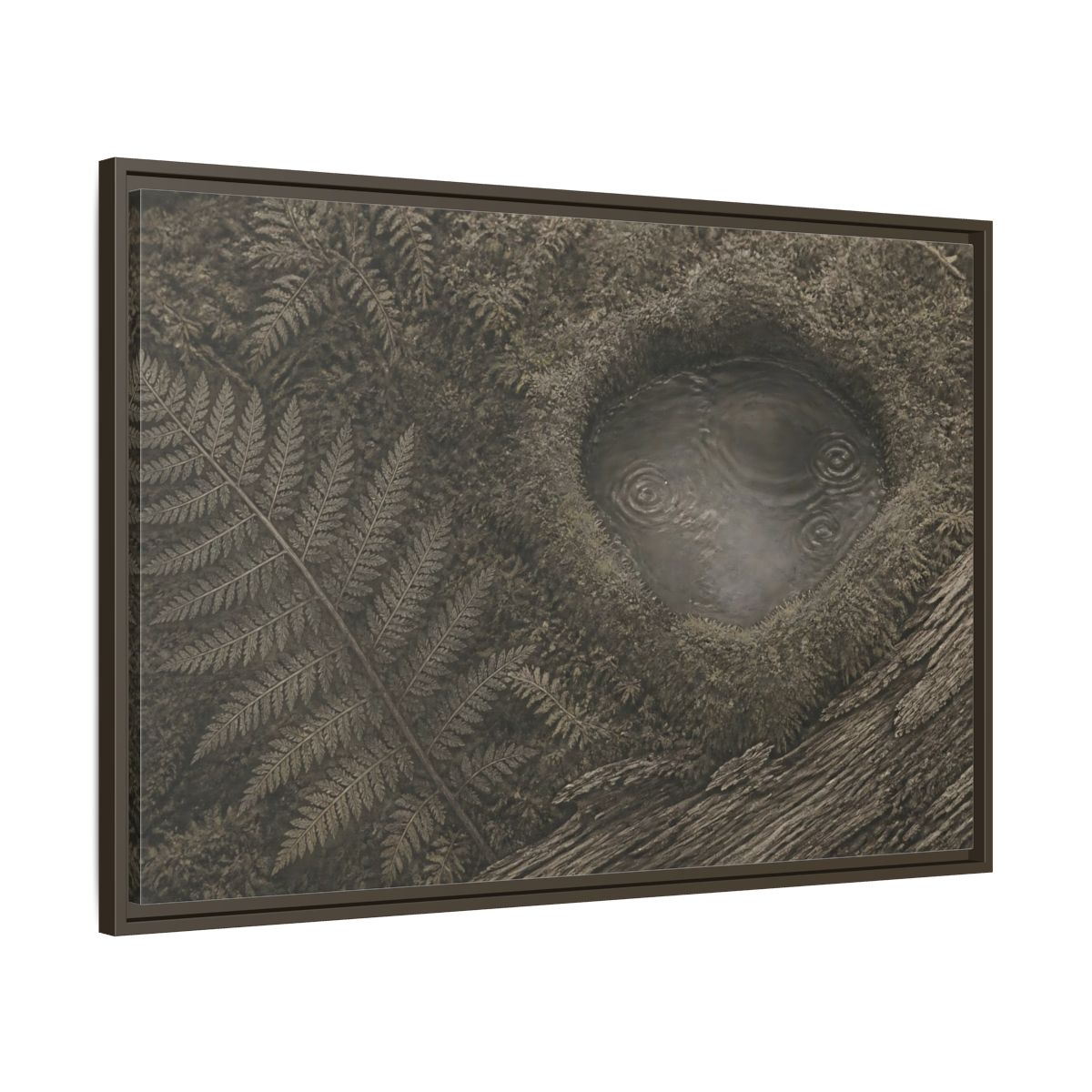 Main Mockup. Fern And Moss Hollow shown as framed canvas print