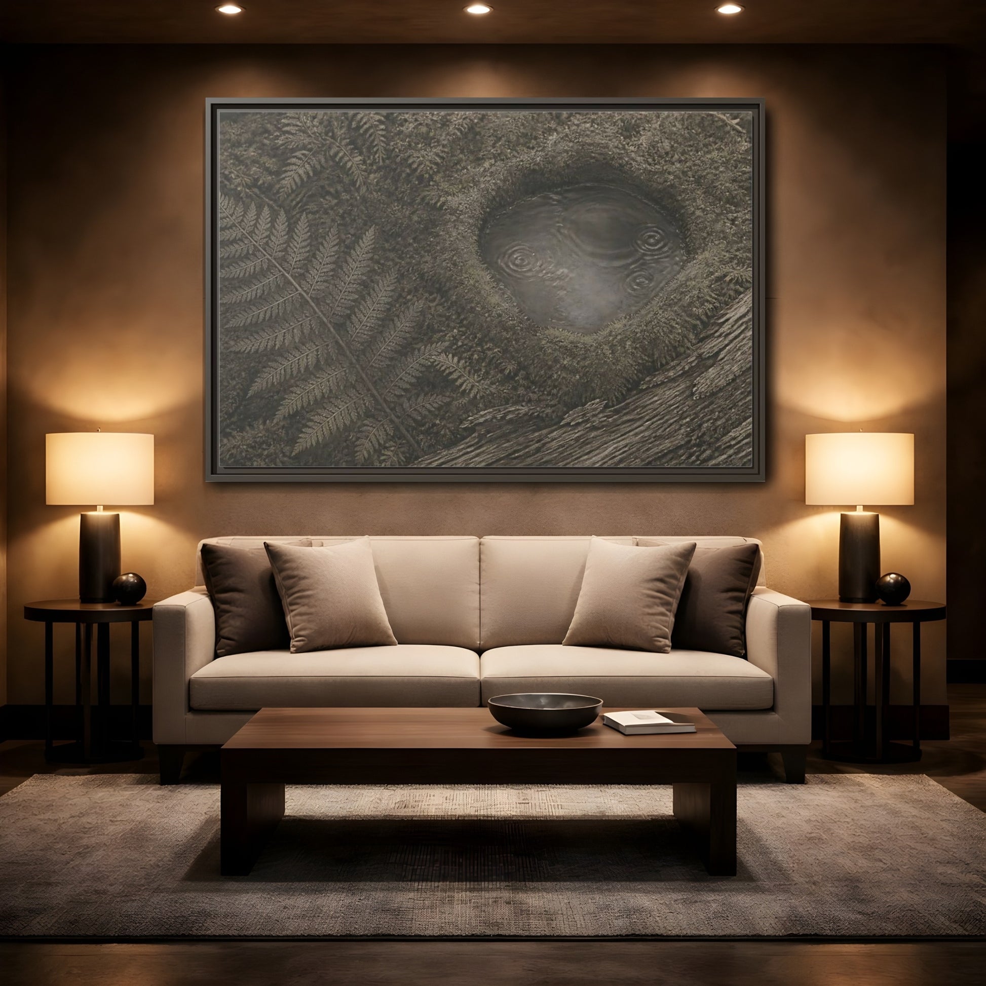 Mockup 2. Fern And Moss Hollow shown as framed canvas print