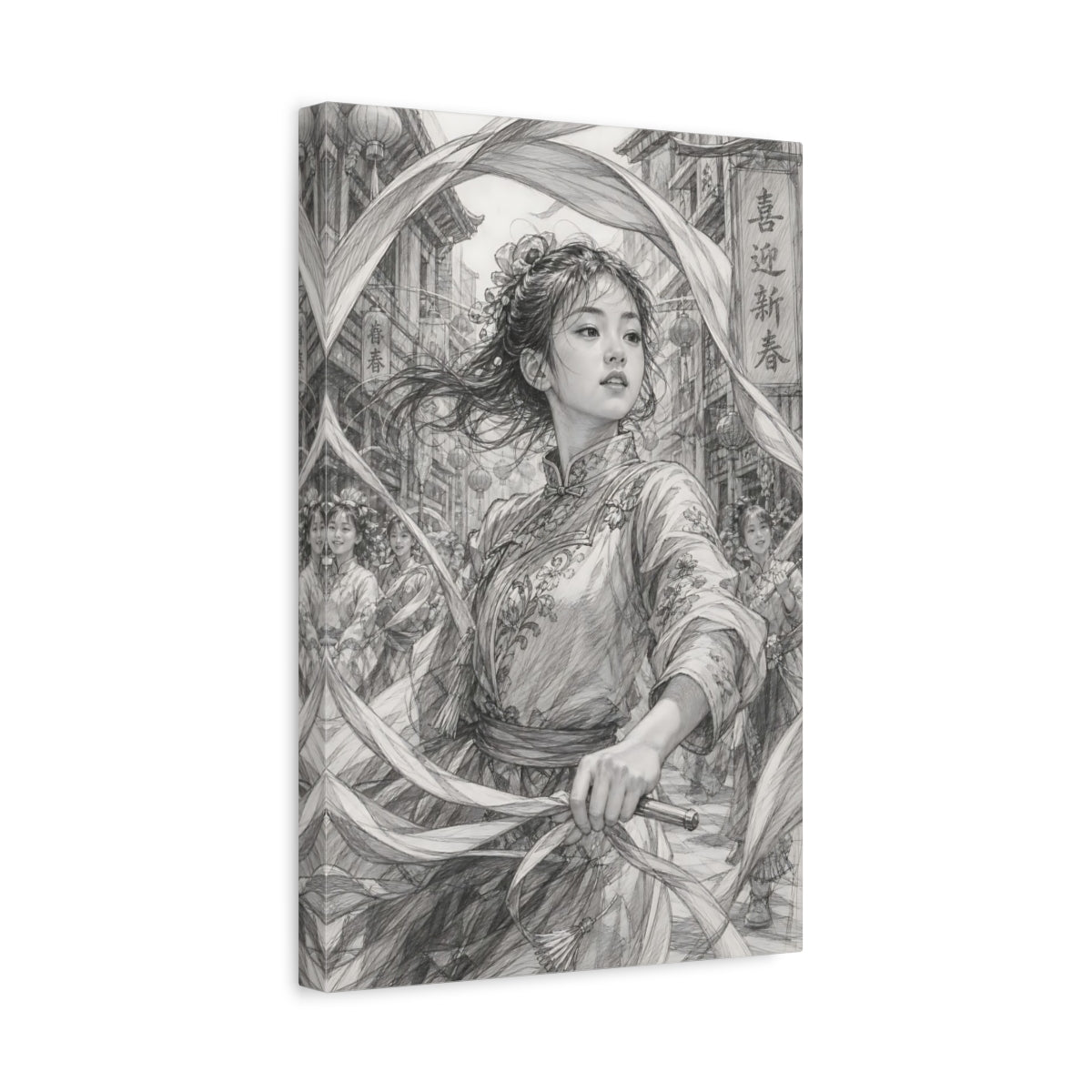 Side Mockup 4. Festival Ribbon Dancer shown as canvas print