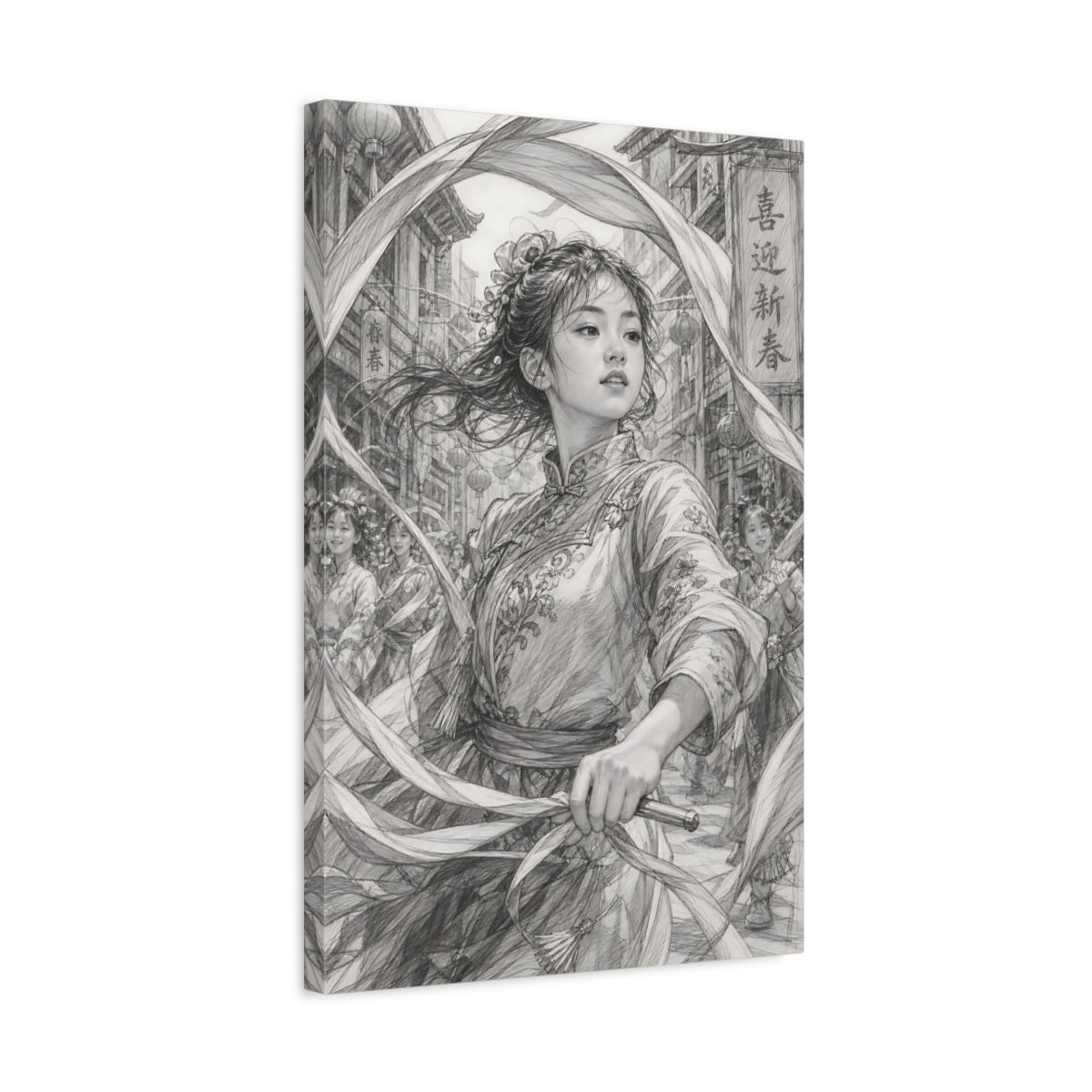 Side Mockup 3. Festival Ribbon Dancer shown as canvas print