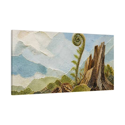 Main Mockup. Fiddlehead And Stump shown as canvas print