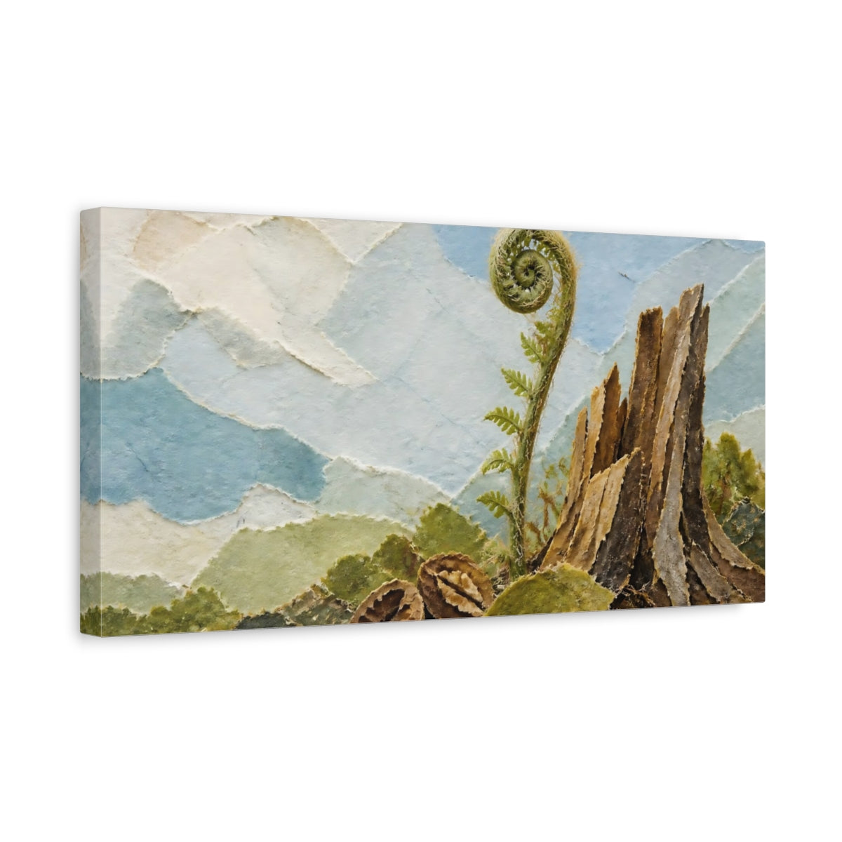 Side Mockup 3. Fiddlehead And Stump shown as canvas print