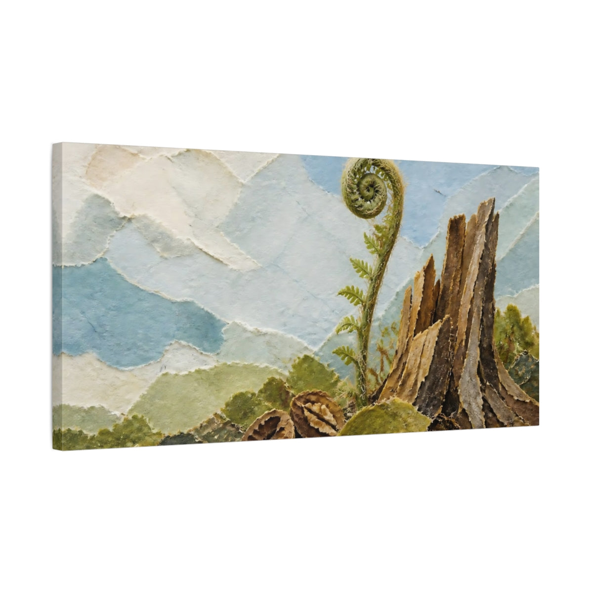 Side Mockup 1. Fiddlehead And Stump shown as canvas print