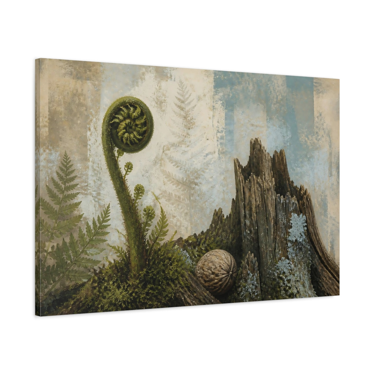 Main Mockup. Fiddlehead And Weathered Stump shown as canvas print