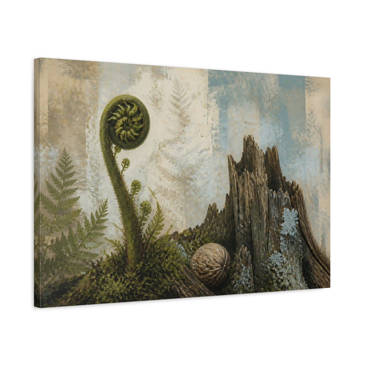 Side Mockup 2. Fiddlehead And Weathered Stump shown as canvas print