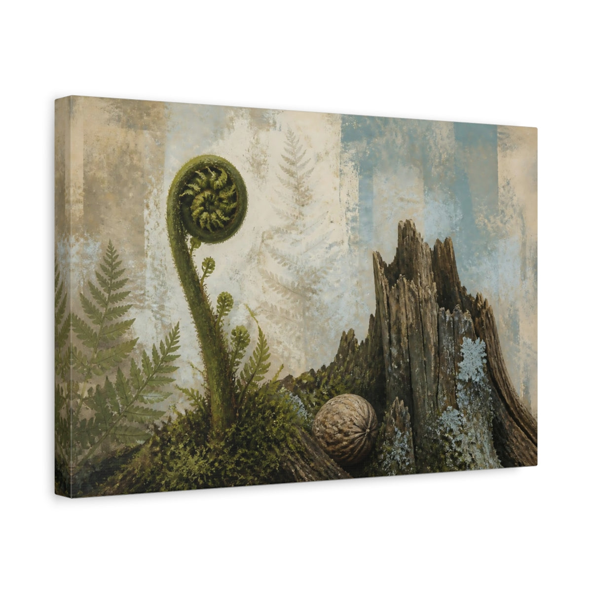 Side Mockup 4. Fiddlehead And Weathered Stump shown as canvas print