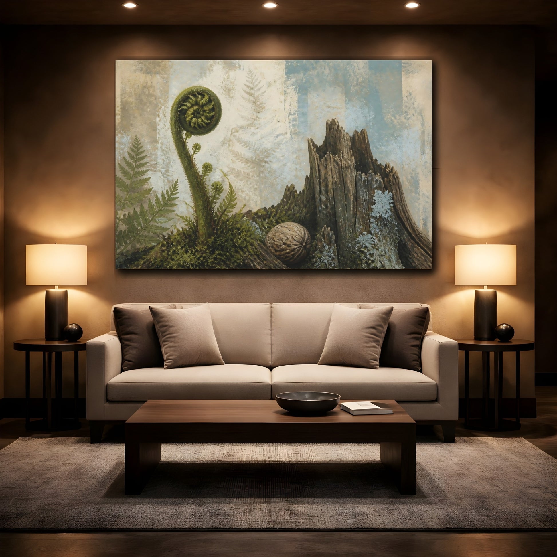 Mockup 2. Fiddlehead And Weathered Stump shown as canvas print