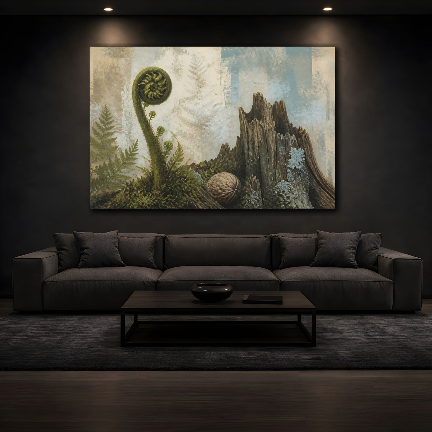 Mockup 3. Fiddlehead And Weathered Stump shown as canvas print