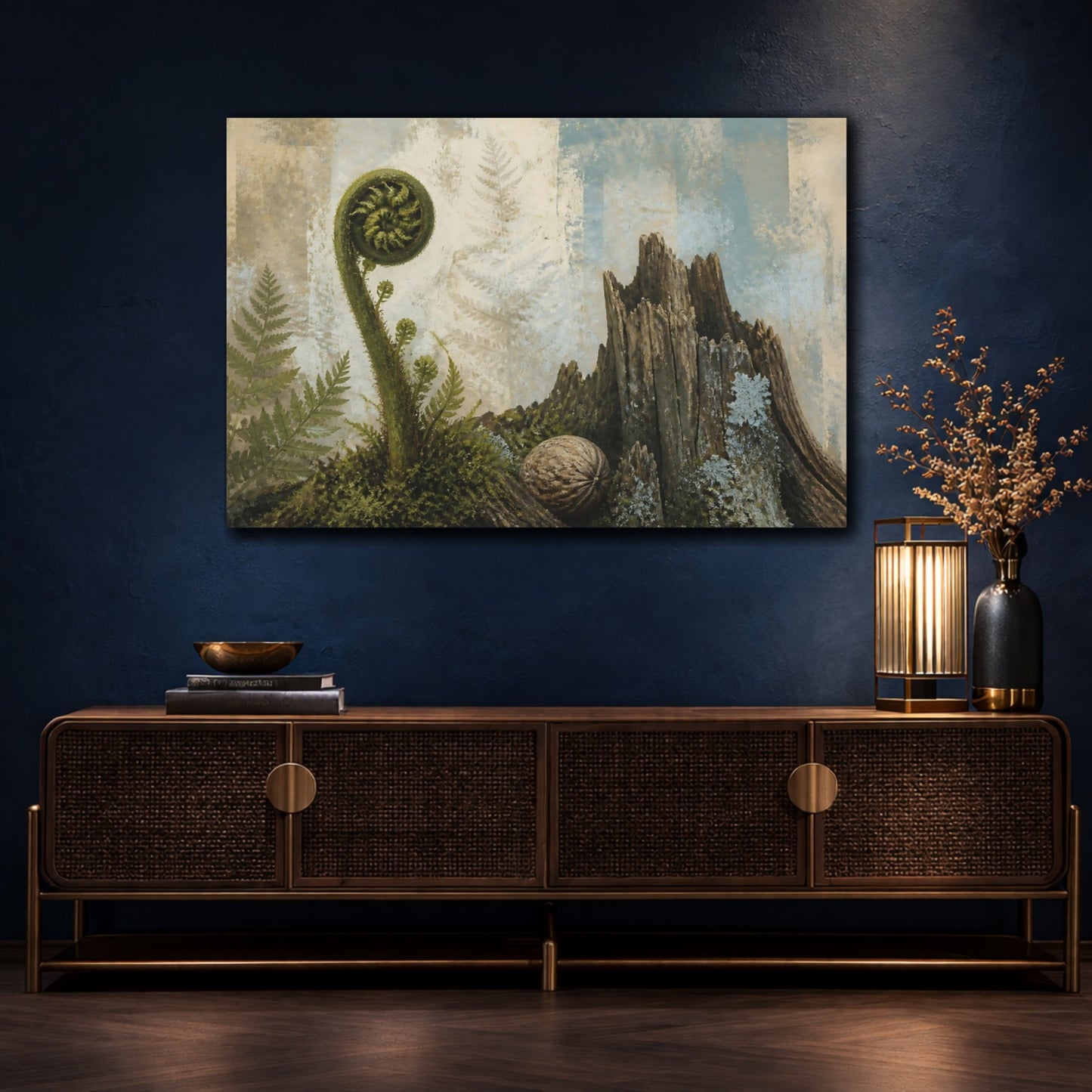 Mockup 4. Fiddlehead And Weathered Stump shown as canvas print