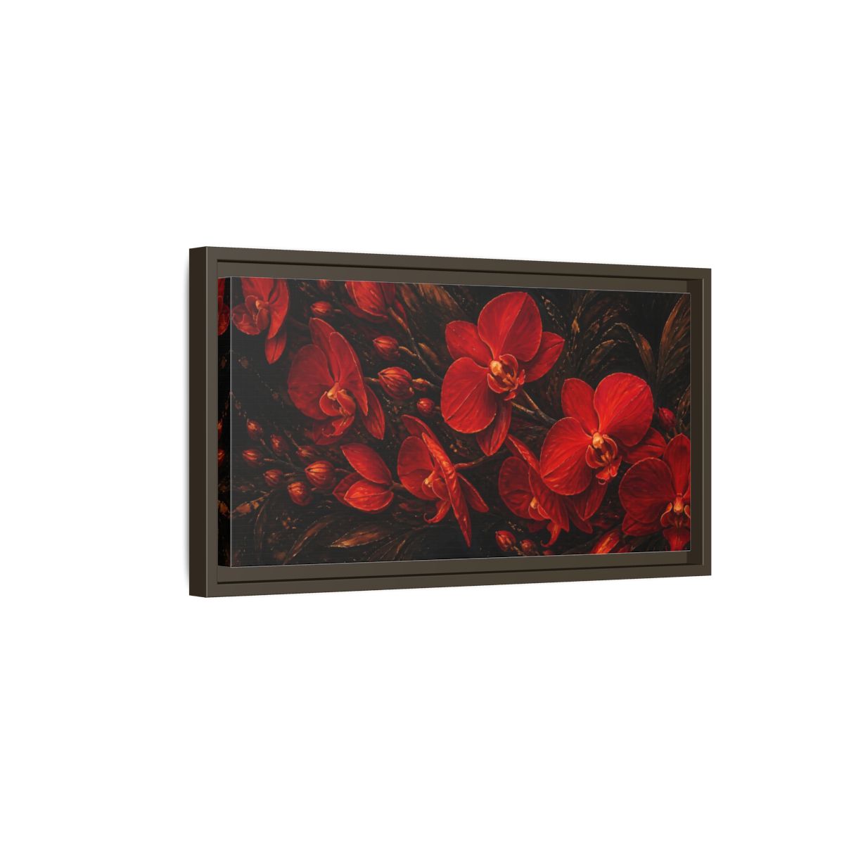 Side Mockup 7. Fiery Red Orchids shown as framed canvas print