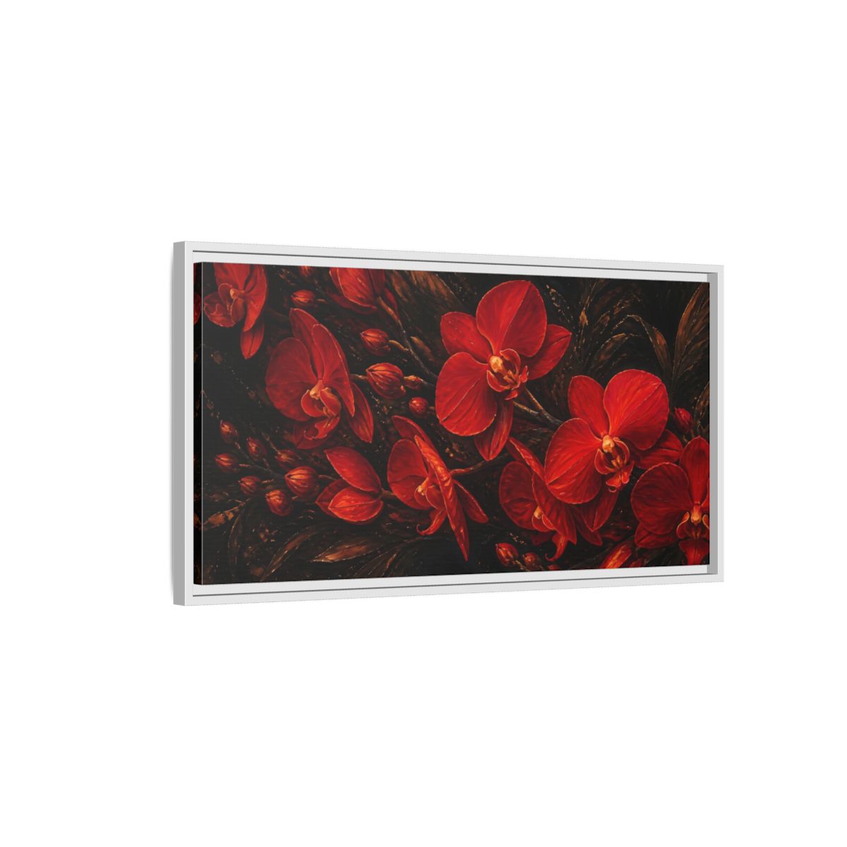 Side Mockup 1. Fiery Red Orchids shown as framed canvas print