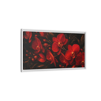 Side Mockup 1. Fiery Red Orchids shown as framed canvas print