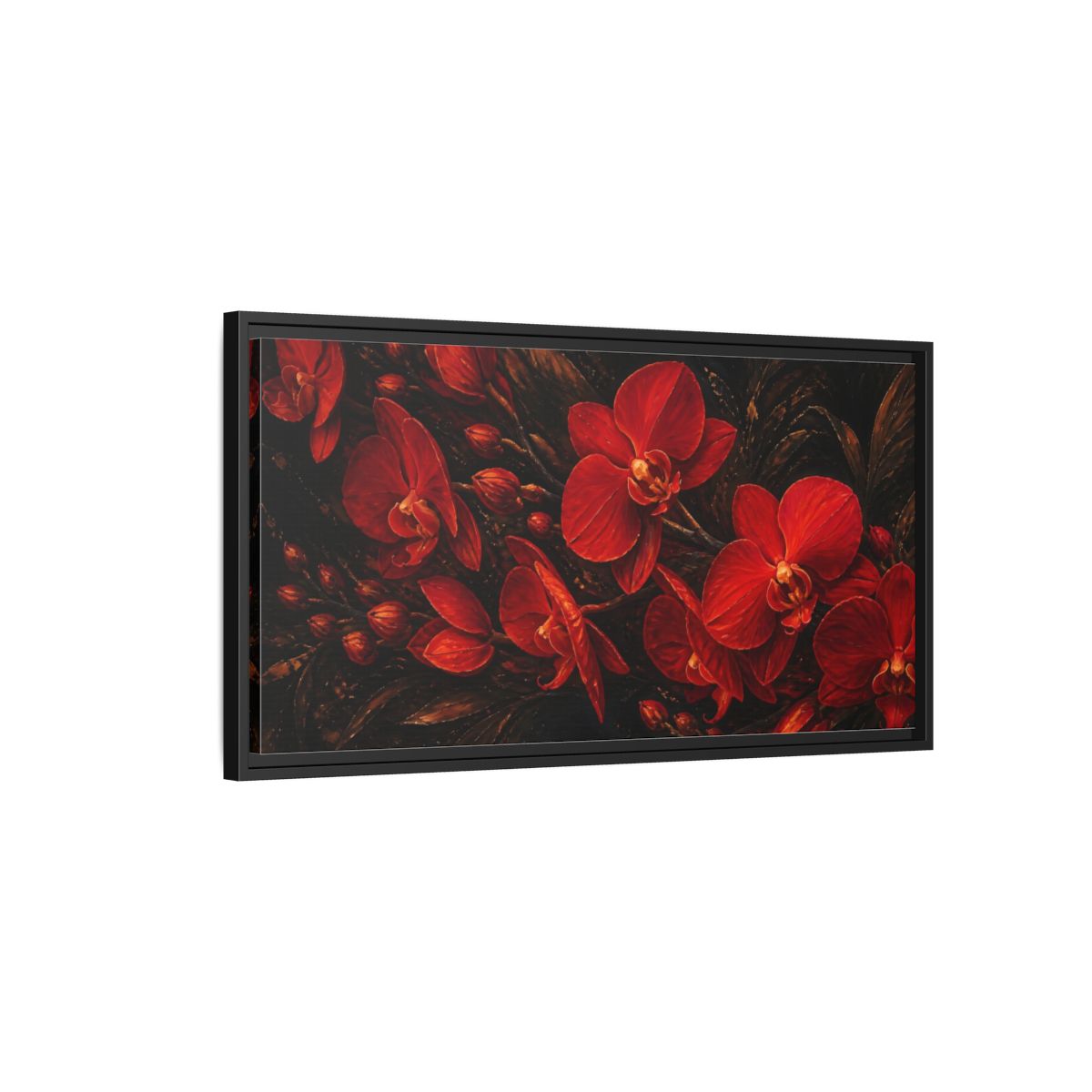 Side Mockup 2. Fiery Red Orchids shown as framed canvas print