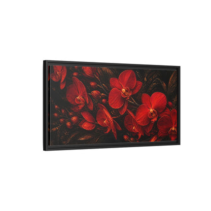 Side Mockup 2. Fiery Red Orchids shown as framed canvas print