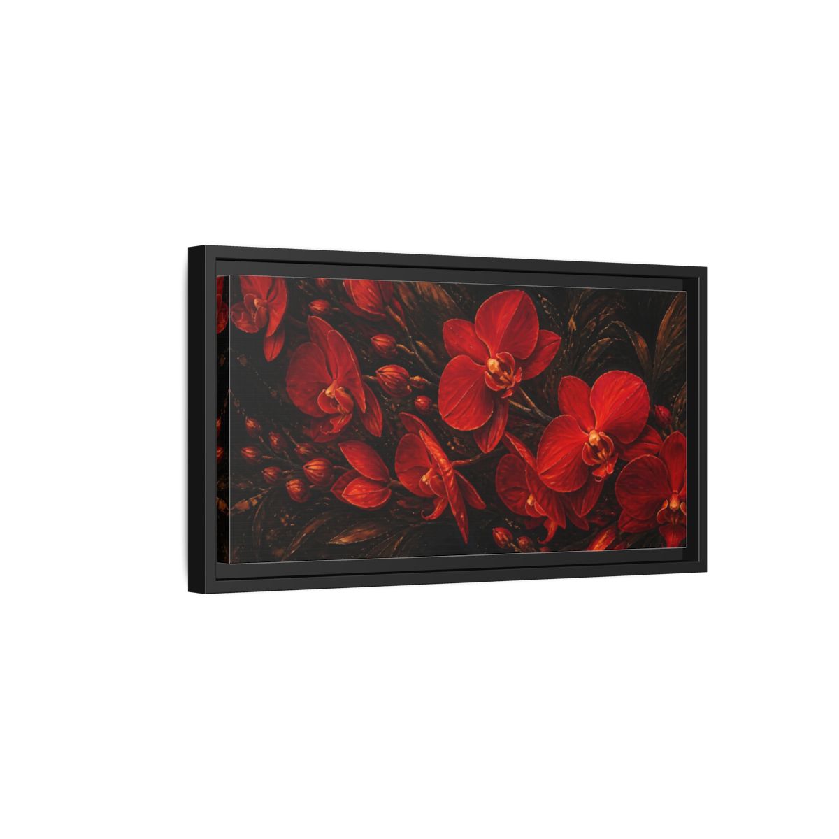 Side Mockup 8. Fiery Red Orchids shown as framed canvas print