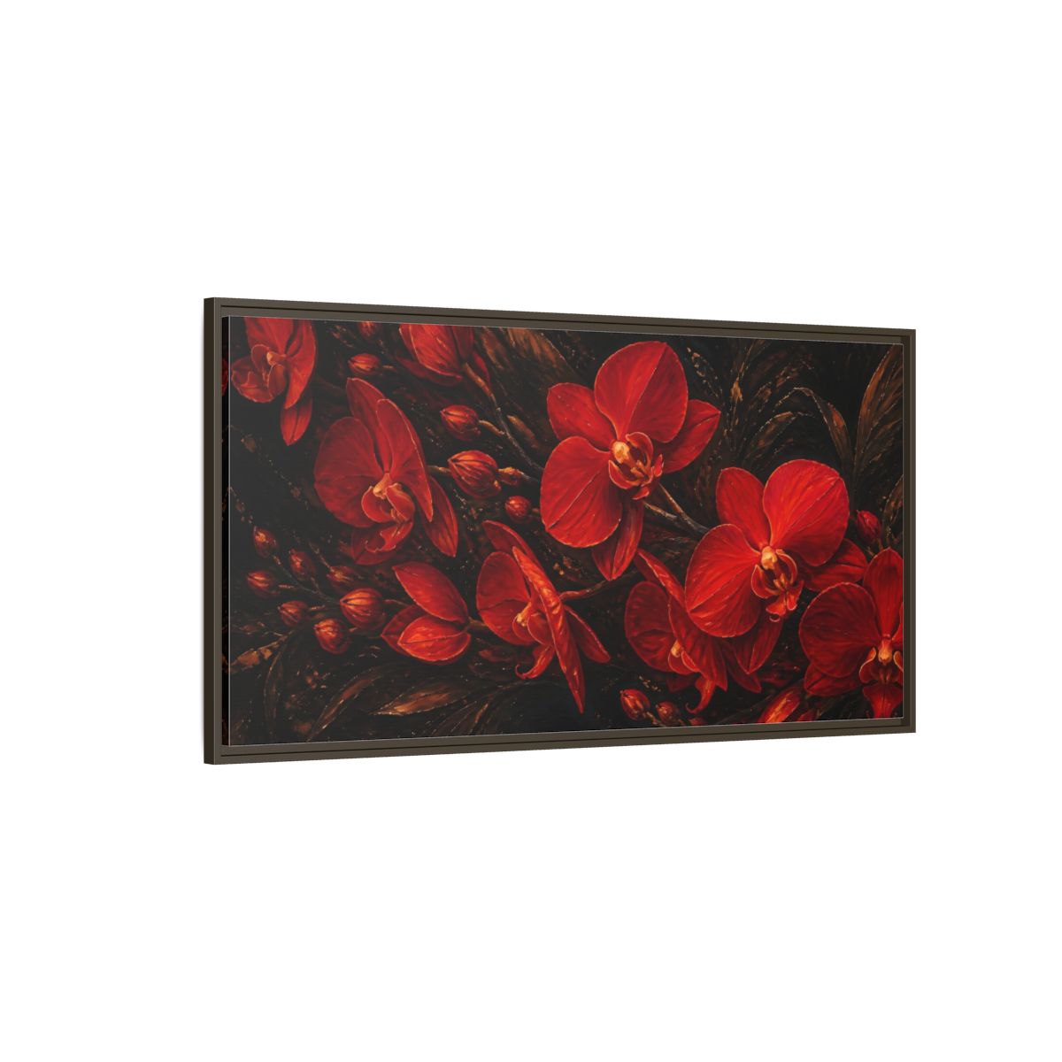 Side Mockup 4. Fiery Red Orchids shown as framed canvas print
