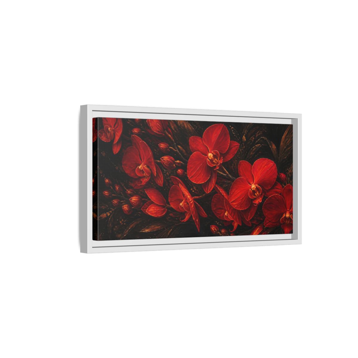 Side Mockup 6. Fiery Red Orchids shown as framed canvas print