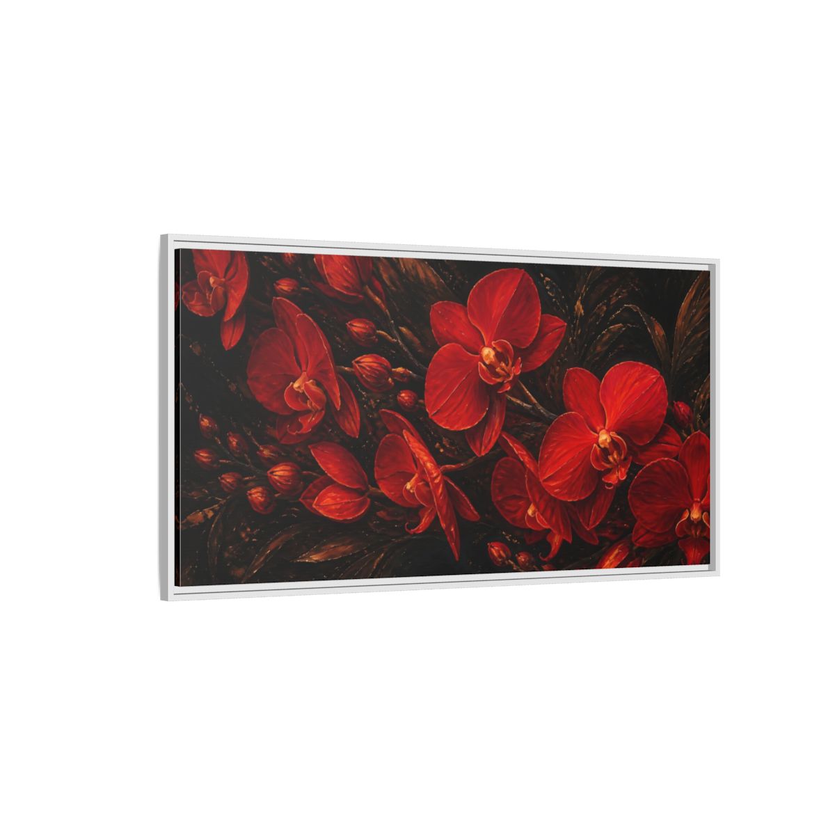 Side Mockup 3. Fiery Red Orchids shown as framed canvas print