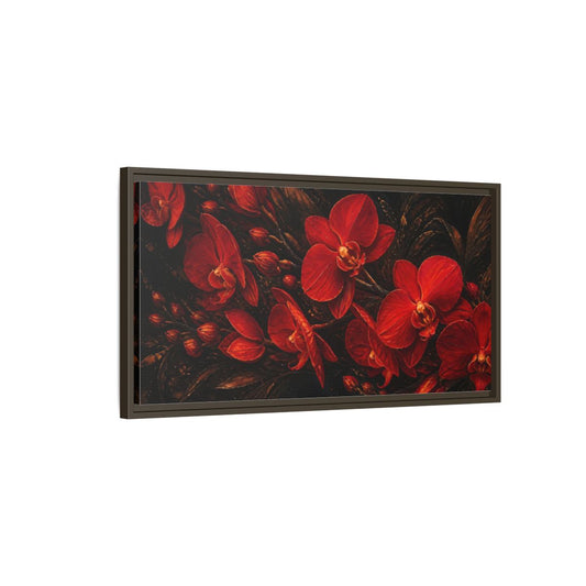 Main Mockup. Fiery Red Orchids shown as framed canvas print