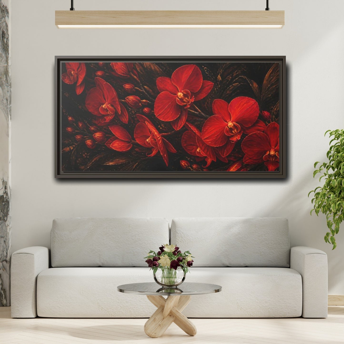 Mockup 2. Fiery Red Orchids shown as framed canvas print