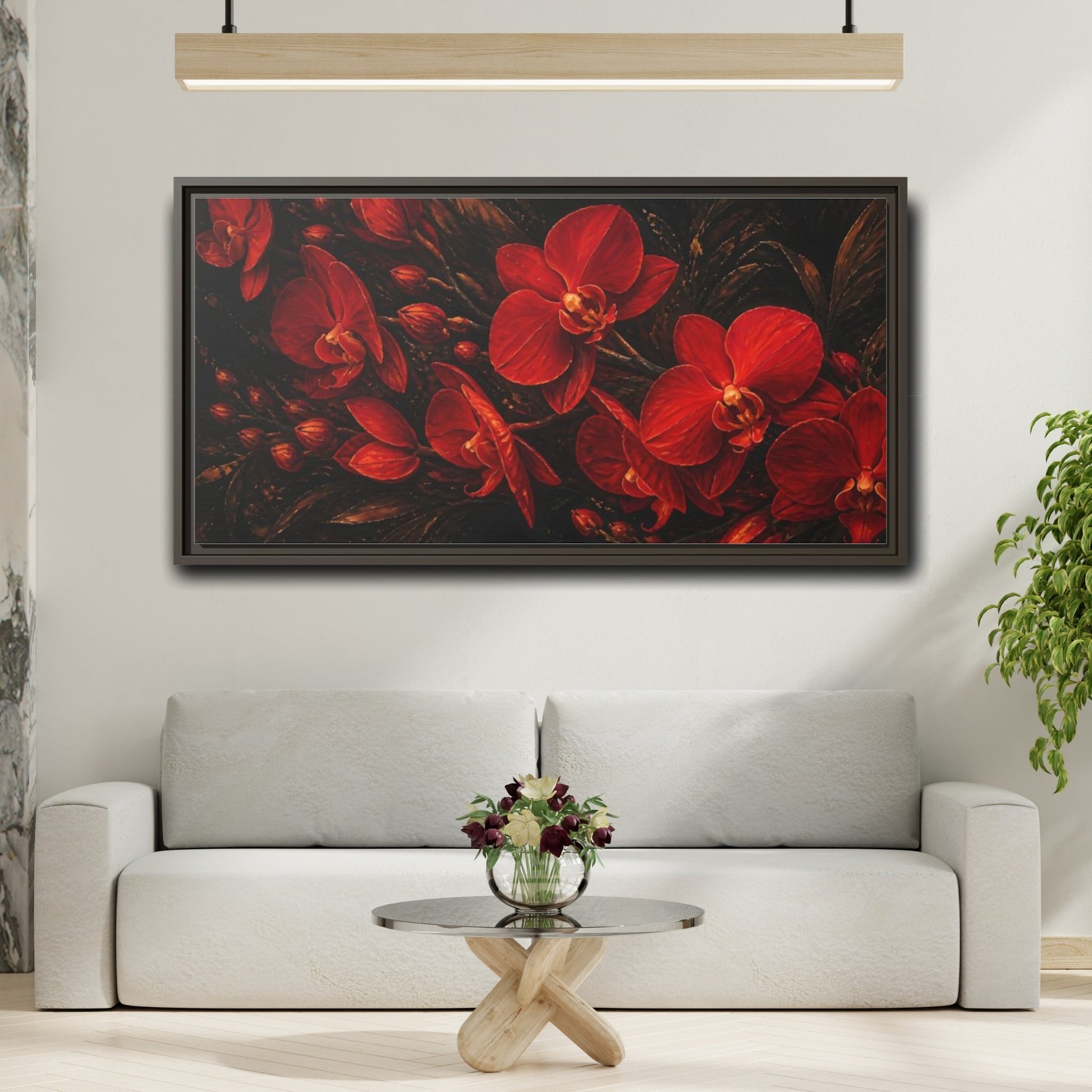 Mockup 2. Fiery Red Orchids shown as framed canvas print