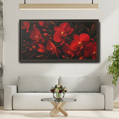 Mockup 2. Fiery Red Orchids shown as framed canvas print
