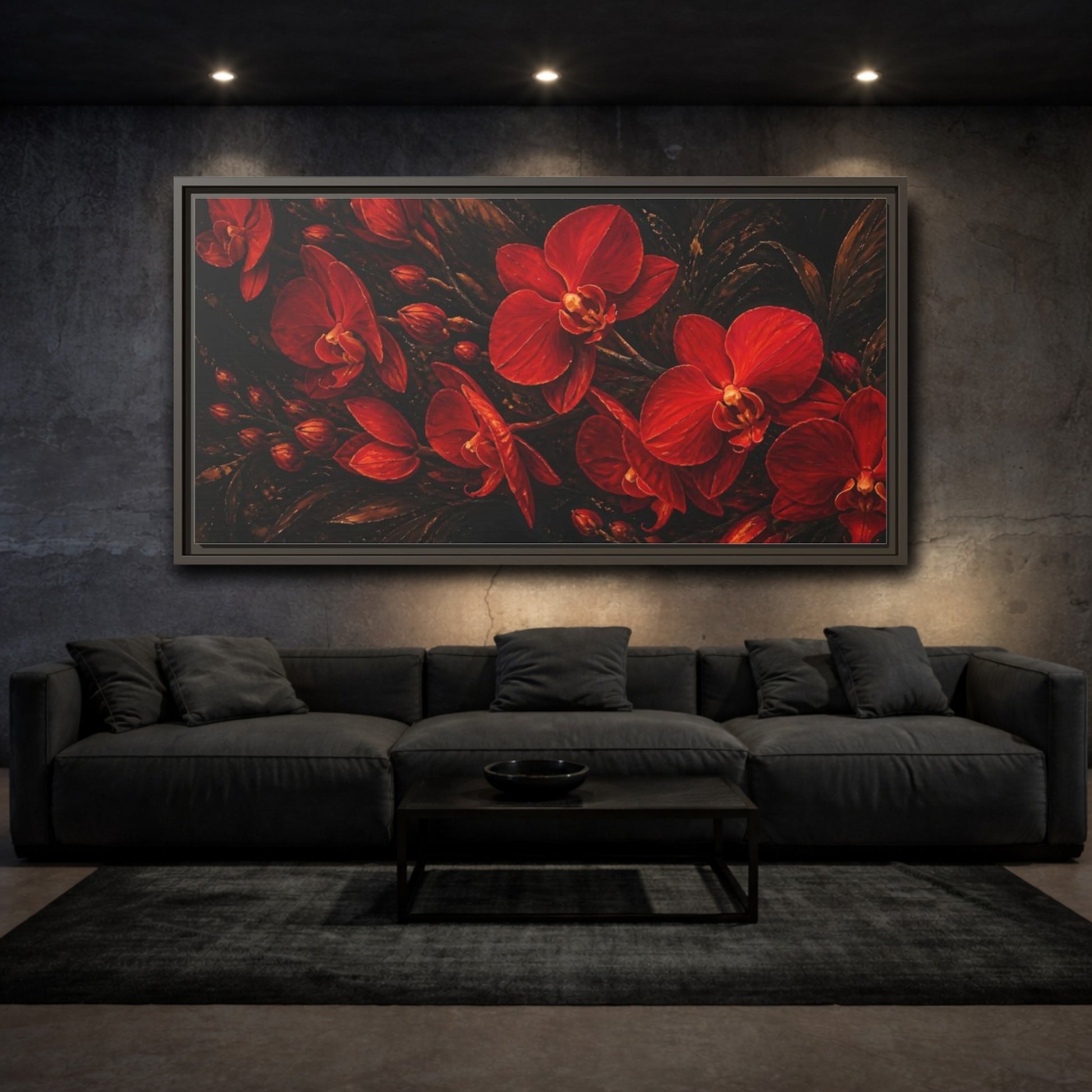 Mockup 3. Fiery Red Orchids shown as framed canvas print