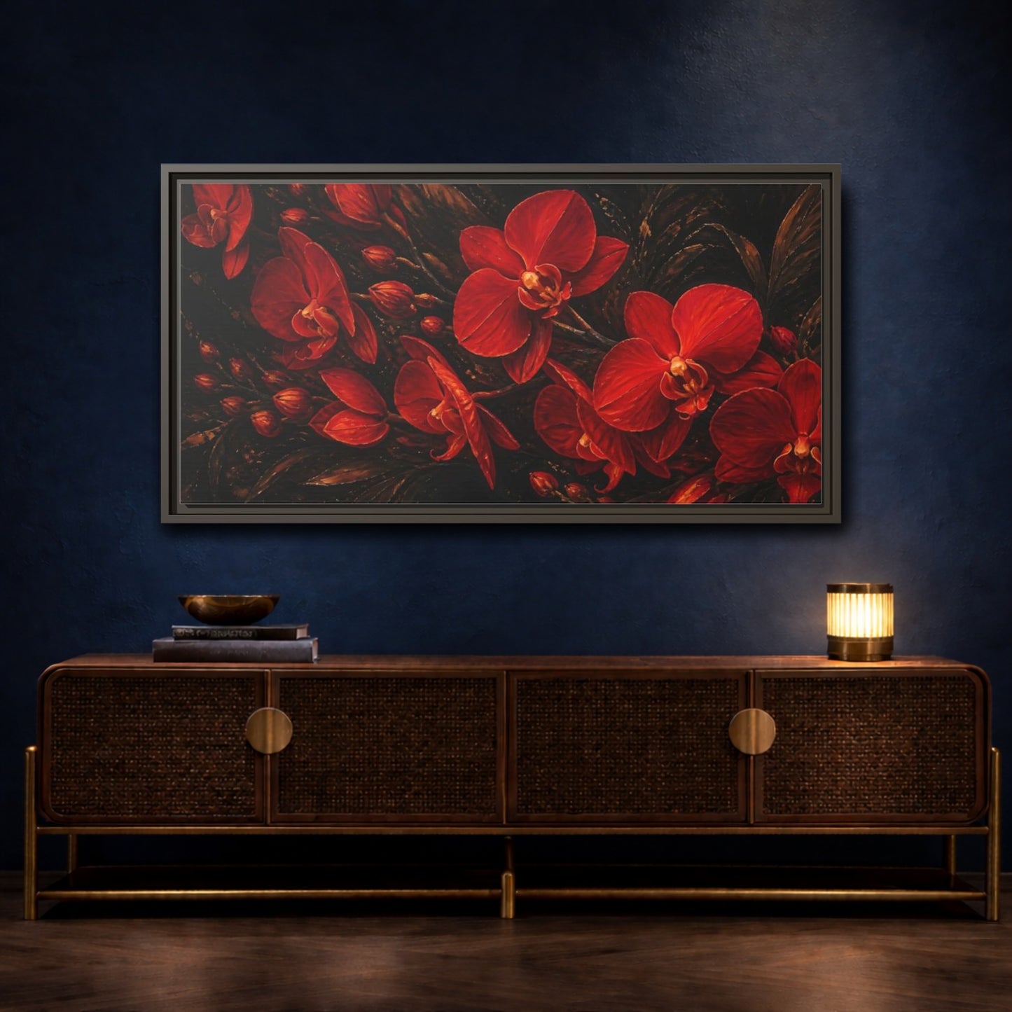 Mockup 4. Fiery Red Orchids shown as framed canvas print