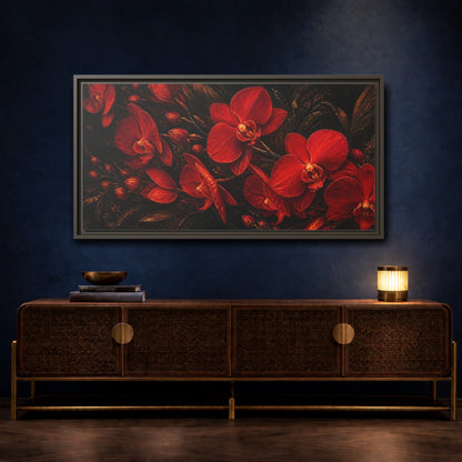 Mockup 4. Fiery Red Orchids shown as framed canvas print