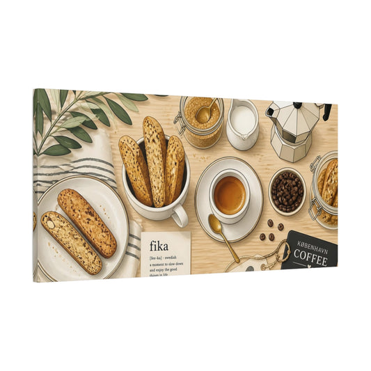 Main Mockup. Fika Coffee & Biscotti shown as canvas print