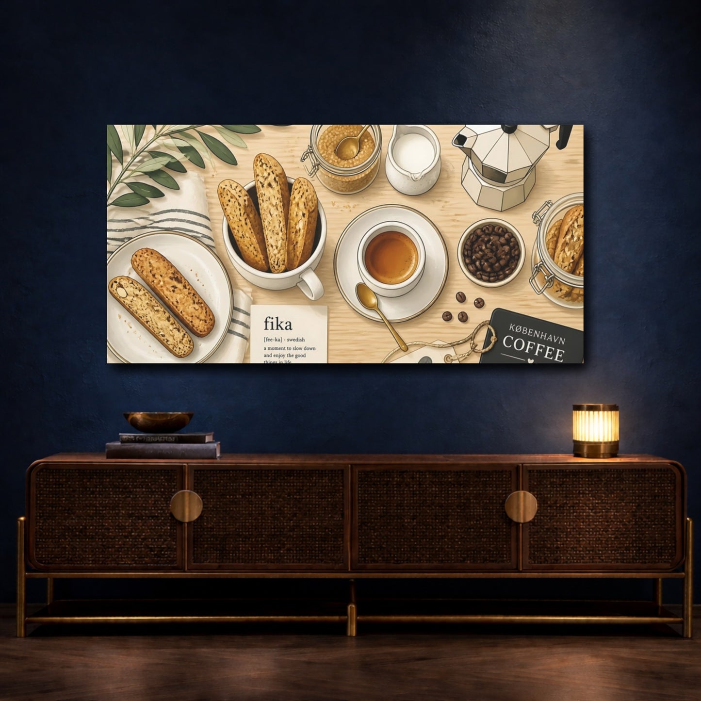 Mockup 4. Fika Coffee & Biscotti shown as canvas print