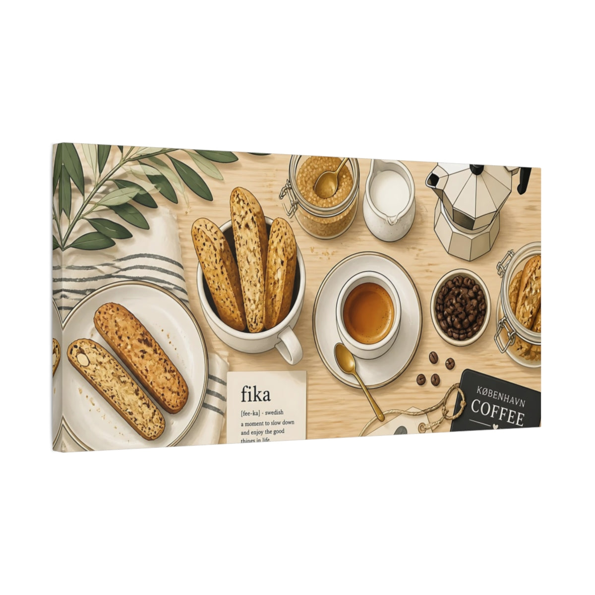 Side Mockup 1. Fika Coffee & Biscotti shown as canvas print