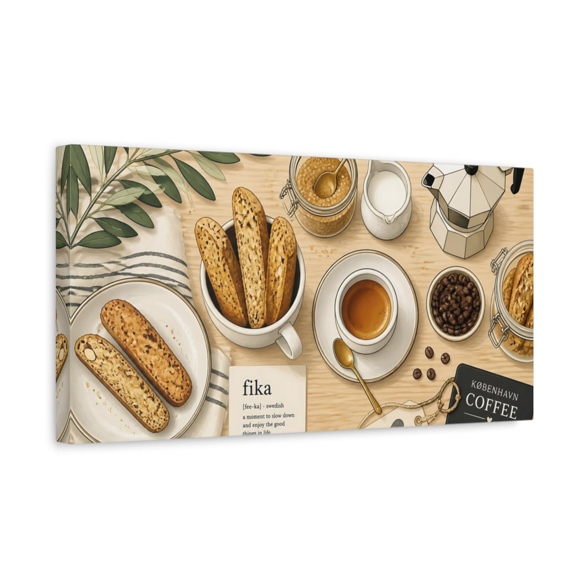 Side Mockup 3. Fika Coffee & Biscotti shown as canvas print