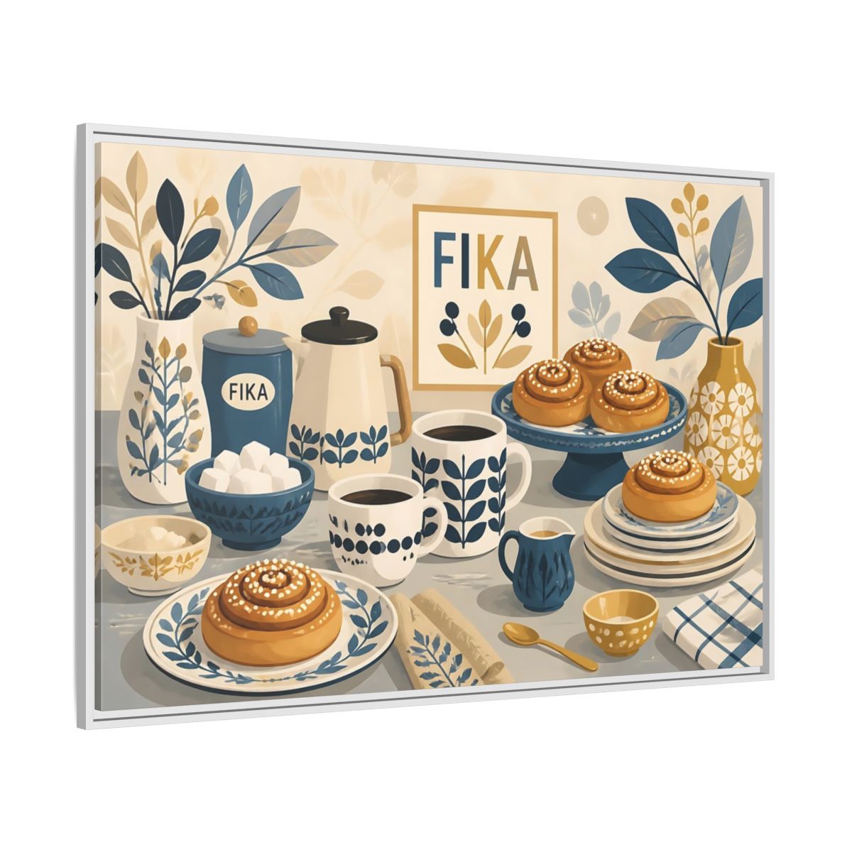 Side Mockup 7. Fika Coffee & Buns shown as framed canvas print