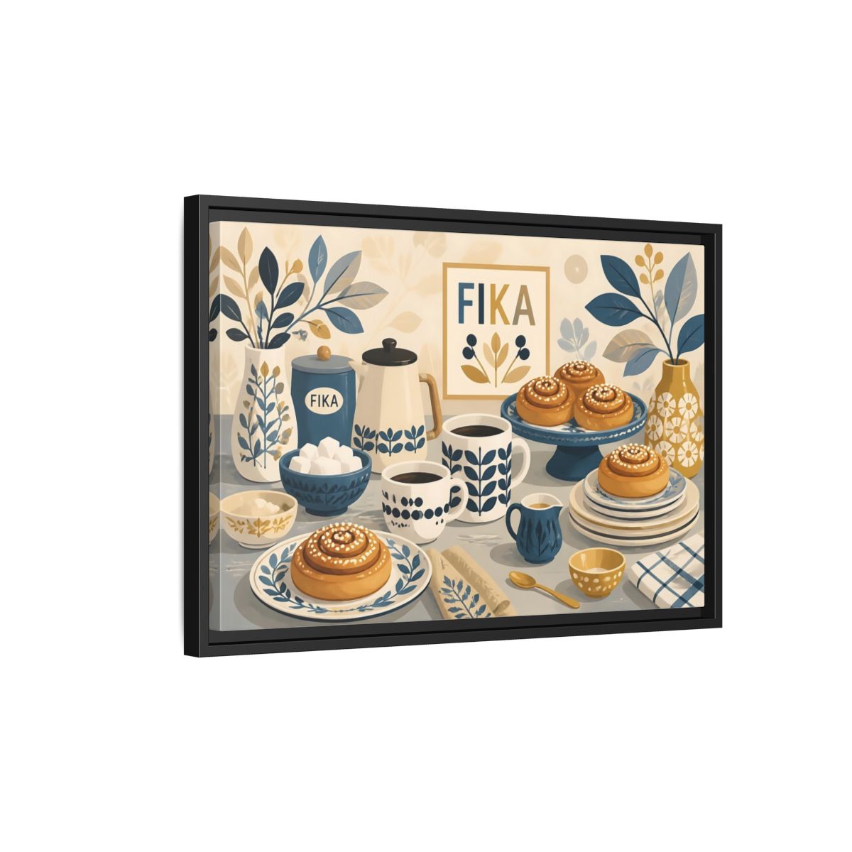 Side Mockup 3. Fika Coffee & Buns shown as framed canvas print