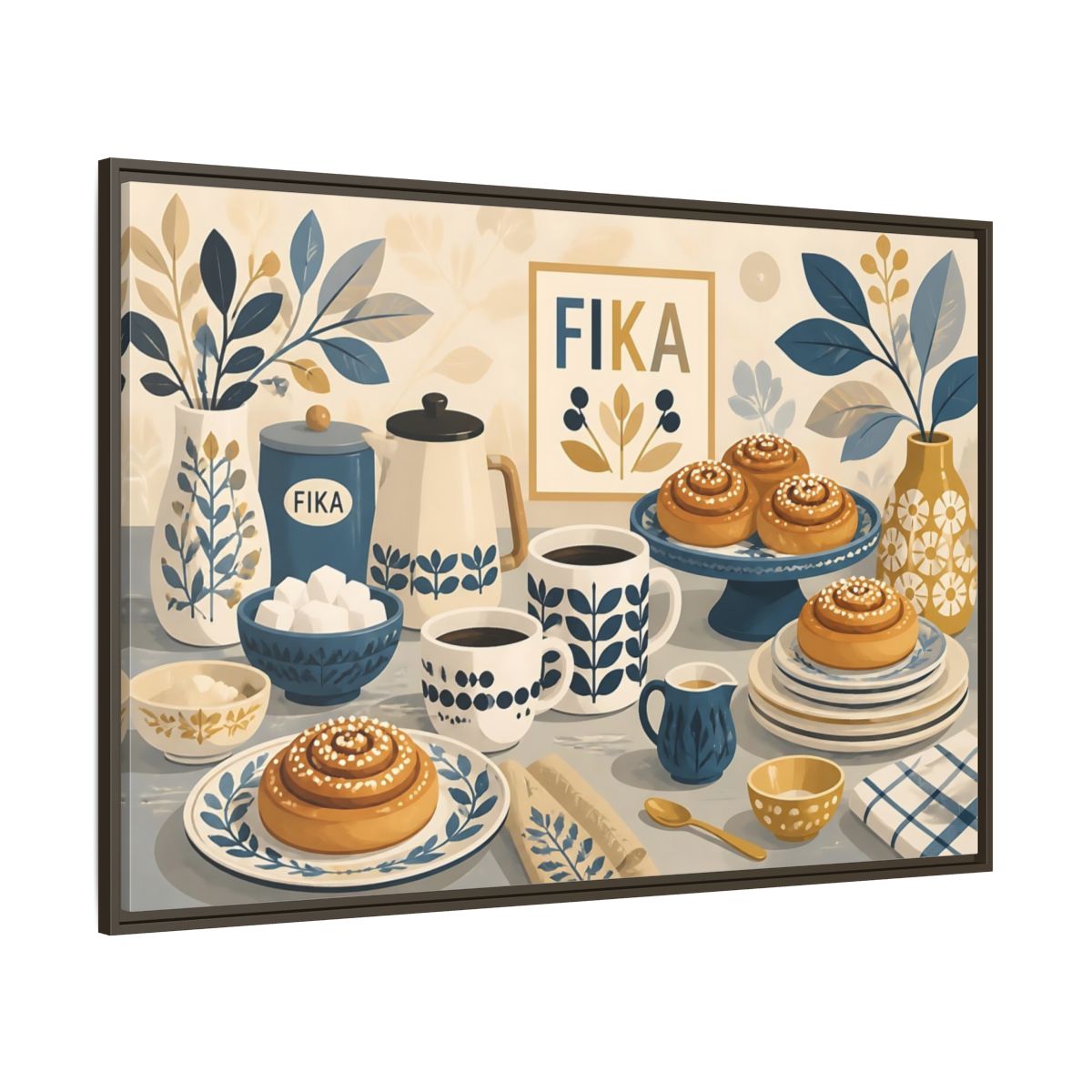 Side Mockup 8. Fika Coffee & Buns shown as framed canvas print