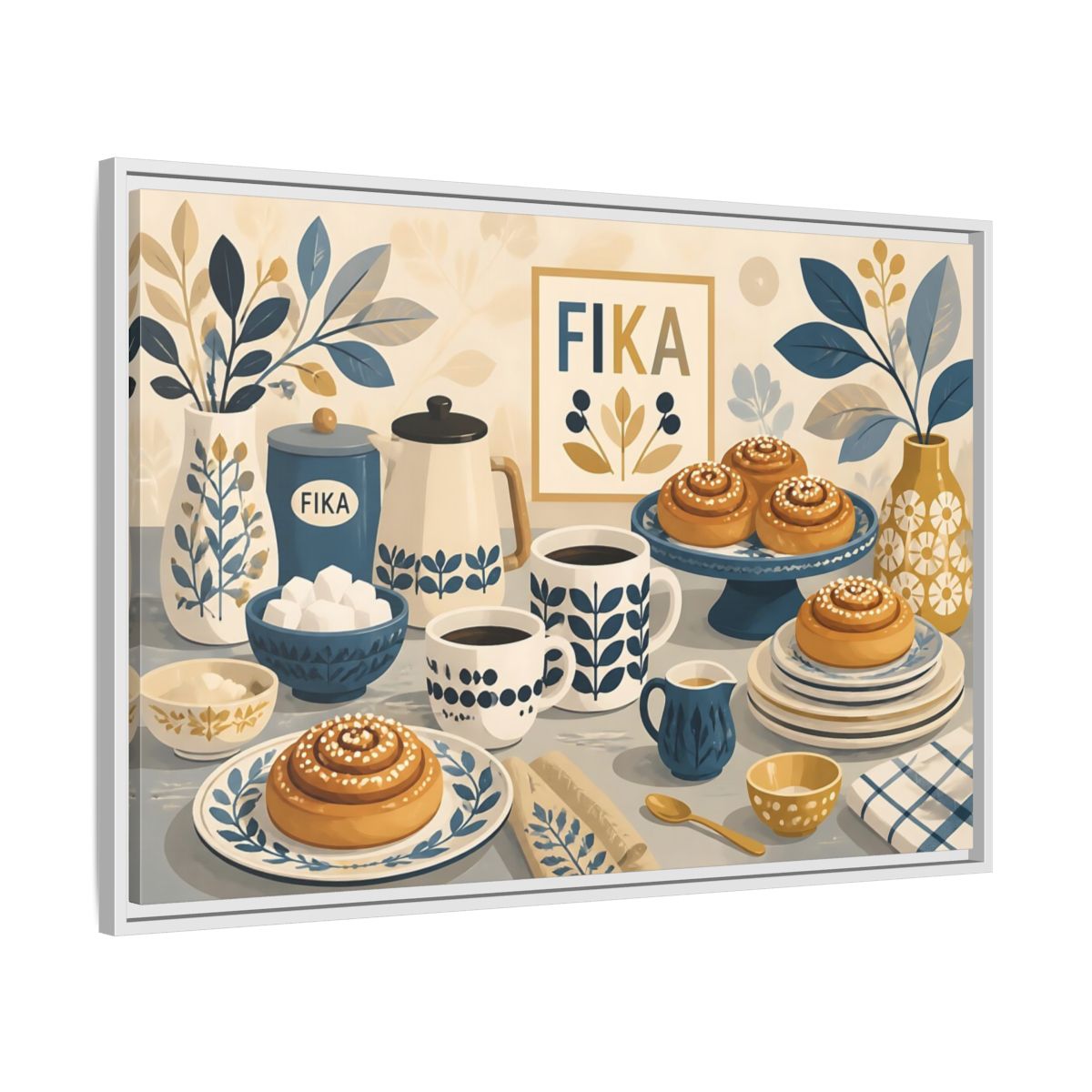 Side Mockup 9. Fika Coffee & Buns shown as framed canvas print
